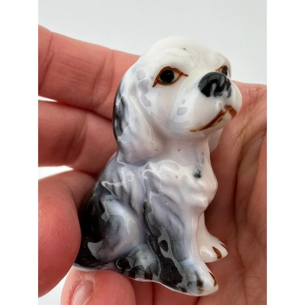 Vintage Glossy Ceramic Cocker Spaniel Dog Figurine Black White 2